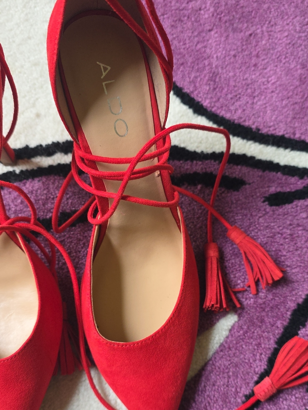ALDO Red Suede Lace-Up Pointed Flats with Tassel Ties